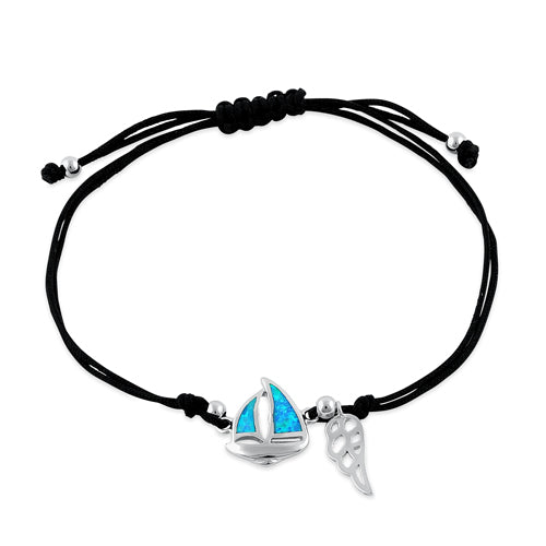 Sterling Silver Winged  Blue Lab Opal Sail Boat Adjustable Silk Bracelet