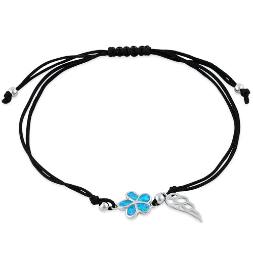 Sterling Silver Winged Blue Lab Opal Plumeria Adjustable Silk Bracelet