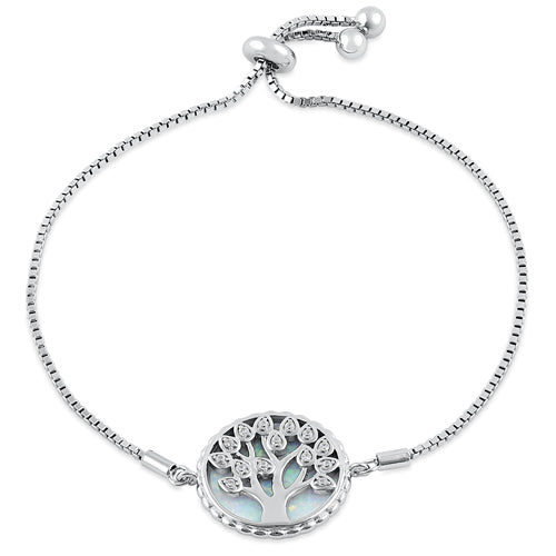 Sterling Silver Adjustable Tree of Life White Lab Opal & Clear CZ Box Chain Bracelet