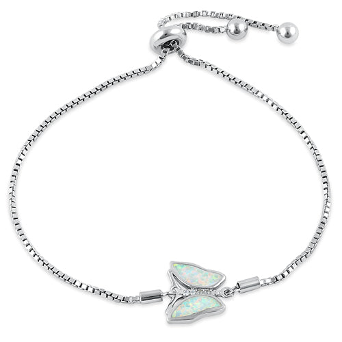 Sterling Silver Adjustable Butterfly White Lab Opal & Clear CZ Box Chain Bracelet