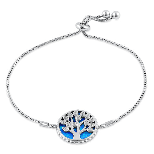 Sterling Silver Adjustable Tree of Life Blue Lab Opal & Clear CZ Box Chain Bracelet