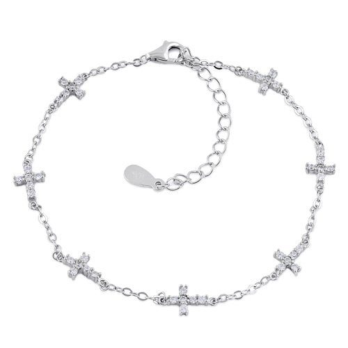 Sterling Silver Clear CZ Cross Charm Bracelet