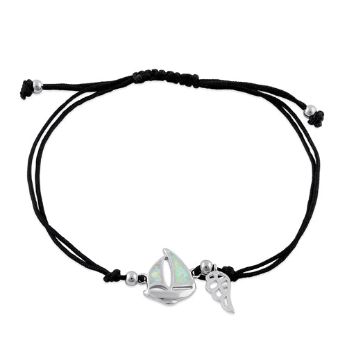 Sterling Silver Winged White Lab Opal Sail Boat Adjustable Silk Bracelet