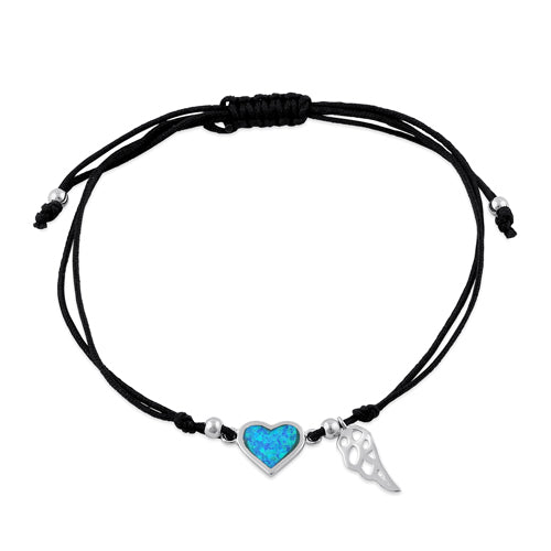 Sterling Silver Winged Blue Lab Opal Heart Adjustable Silk Bracelet