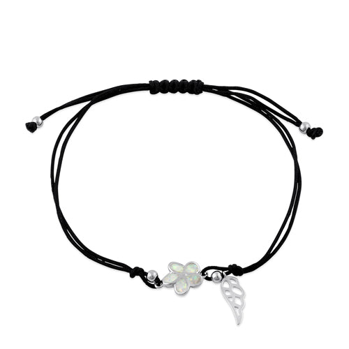 Sterling Silver Winged White Lab Opal Plumeria Adjustable Silk Bracelet