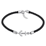 Sterling Silver Black Leather Anchor Bracelet