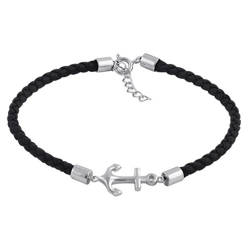 Sterling Silver Black Leather Anchor Bracelet