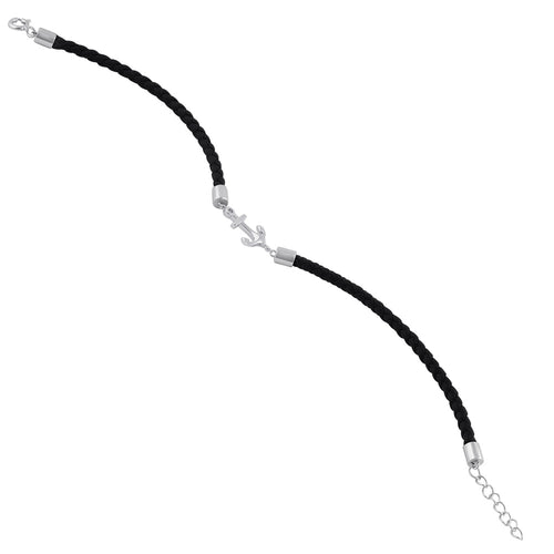 Sterling Silver Black Leather Anchor Bracelet