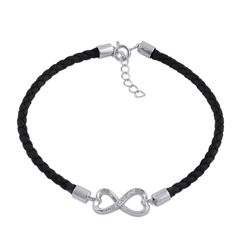 Sterling Silver Black Leather Infinity CZ Bracelet