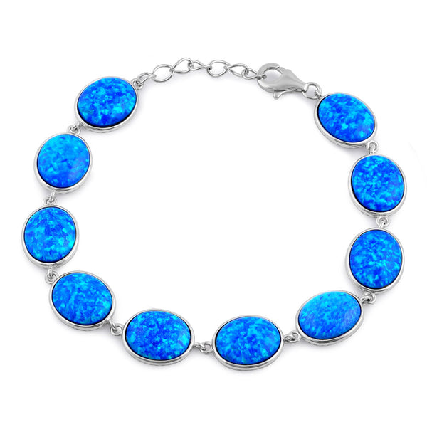 Sterling Silver Blue Lab Opal 12.0mm x 10.0mm Oval Beads Bracelet