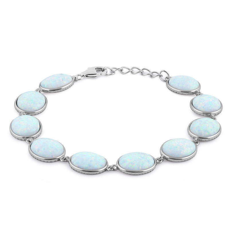 Sterling Silver White Lab Opal 12.0mm x 10.0mm Oval Beads Bracelet