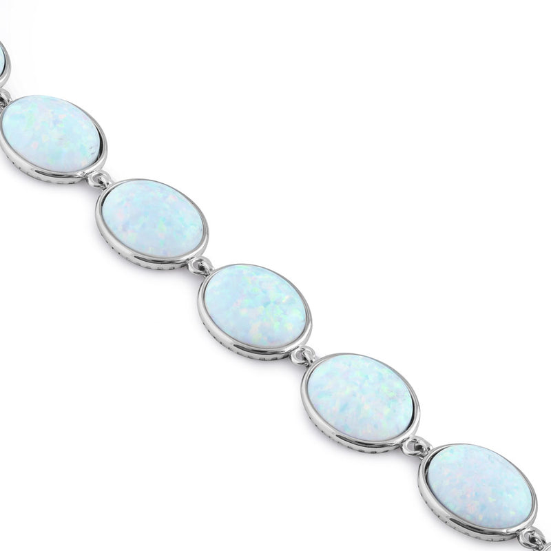 Sterling Silver White Lab Opal 12.0mm x 10.0mm Oval Beads Bracelet