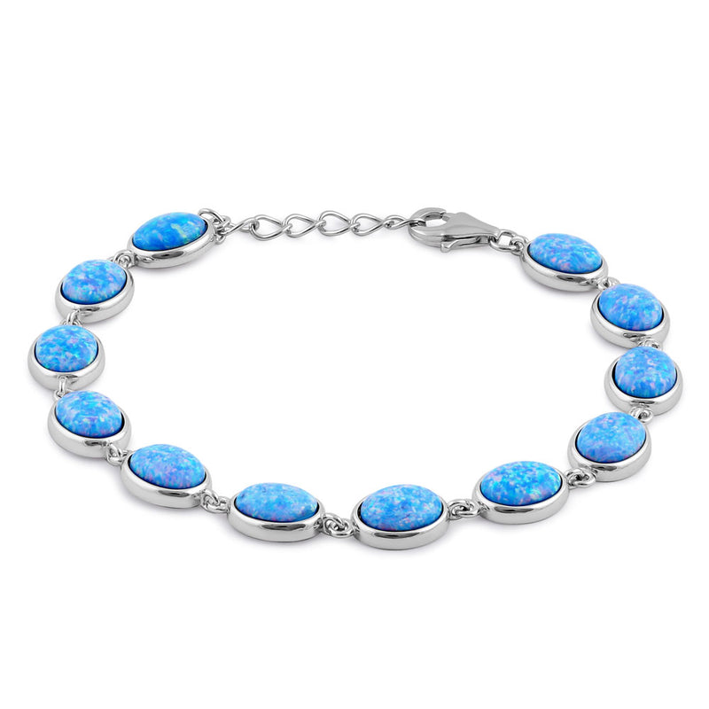 Sterling Silver Blue Lavender Lab Opal 9.0mm x 7.0mm Oval Beads Bracelet