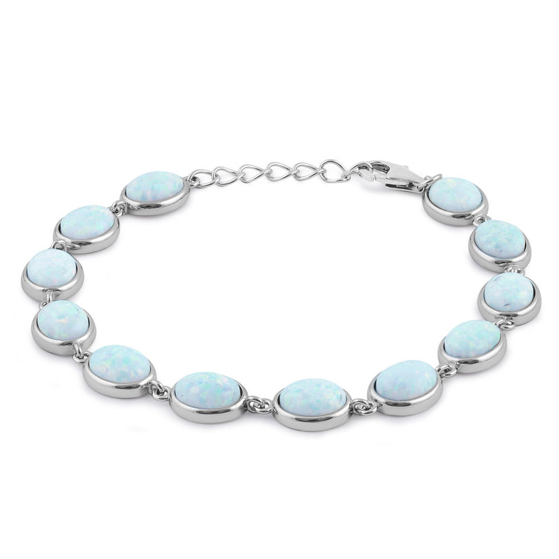 Sterling Silver White Lab Opal 9.0mm x 7.0mm Oval Beads Bracelet