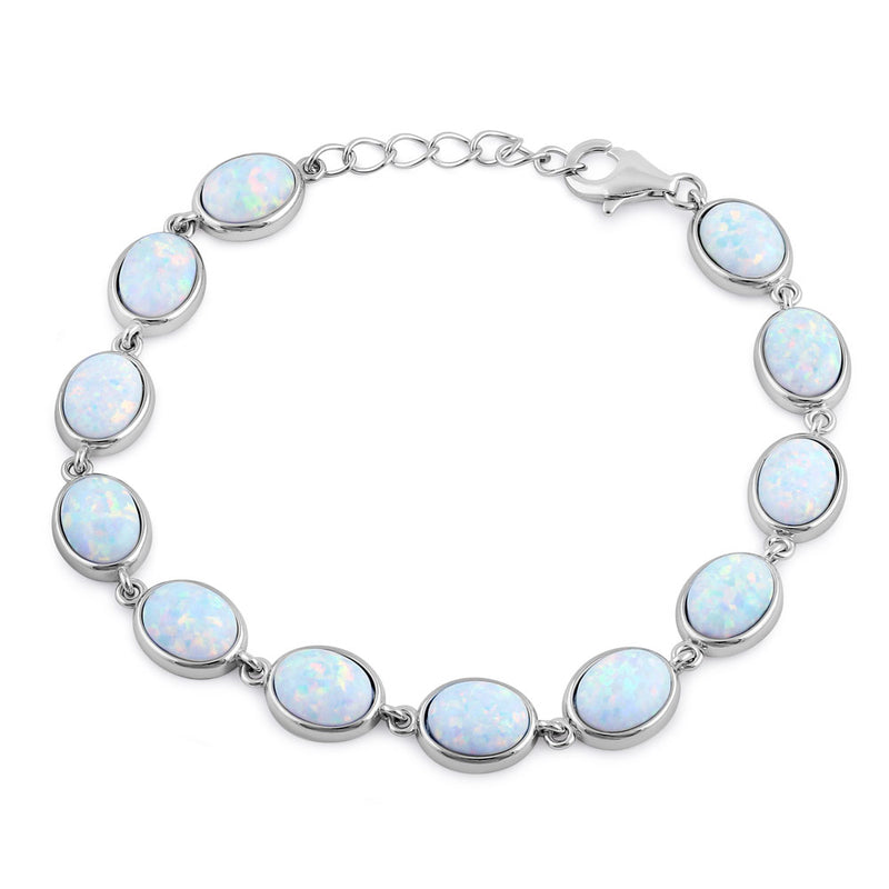 Sterling Silver White Lab Opal 9.0mm x 7.0mm Oval Beads Bracelet