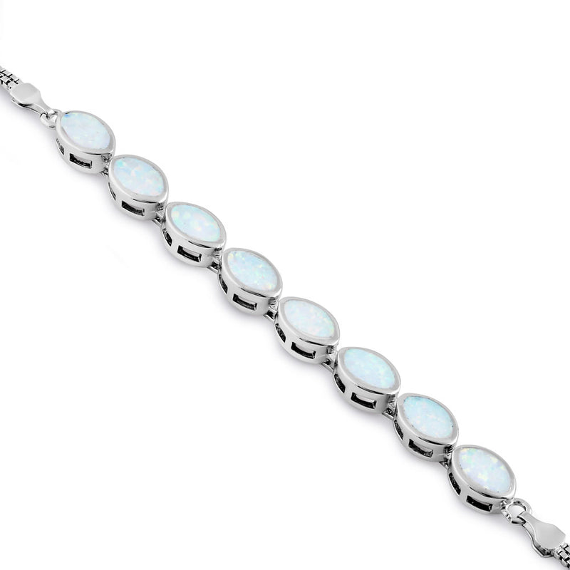 Sterling Silver White Lab Opal 7.0mm x 4.5mm Marquise with Box Chain Bracelet