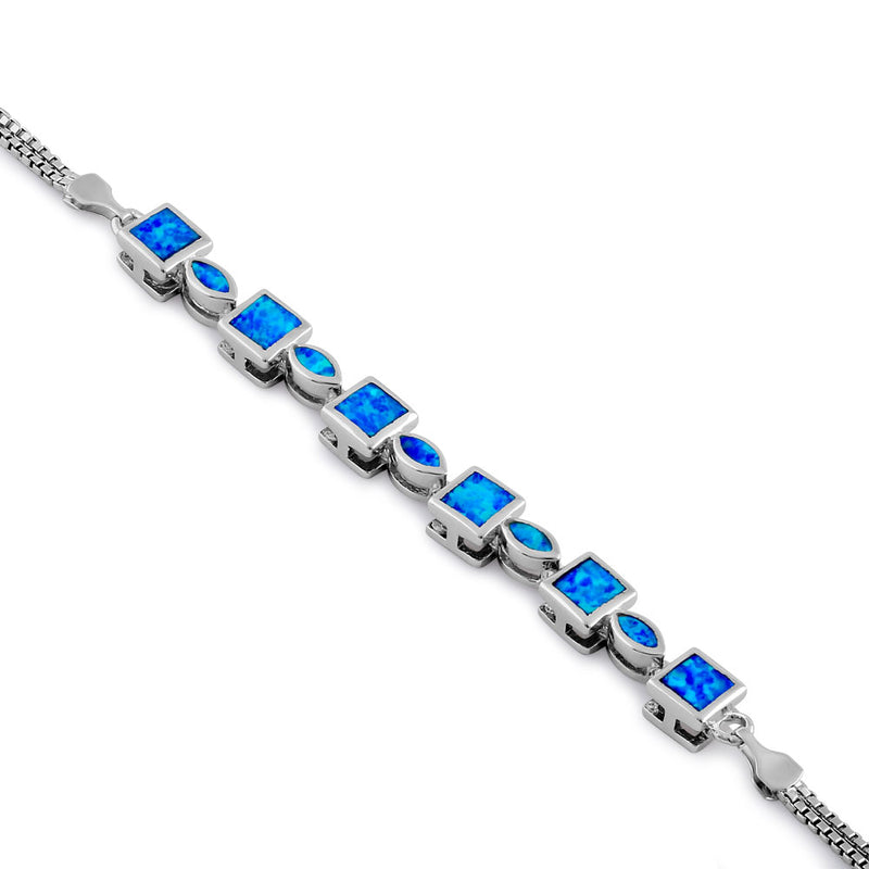 Sterling Silver Blue Lab Opal Marquise and Square Beaded Bracelet