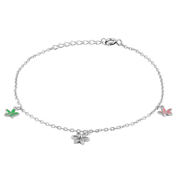 Sterling Silver Dainty Multi-Colored Charm Flower Hand Painted Clear CZ Bracelet
