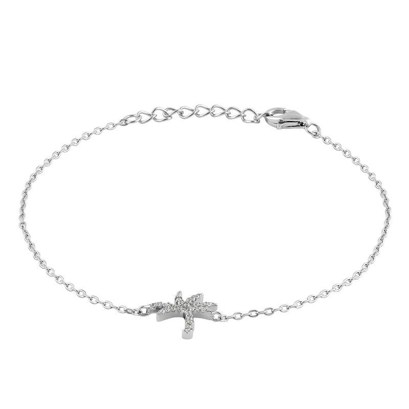 Sterling Silver Palm Tree Round Cut Clear CZ Bracelet