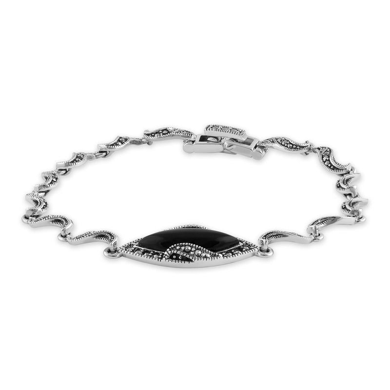 Sterling Silver Marquise Twist Black Onyx Marcasite Bracelet