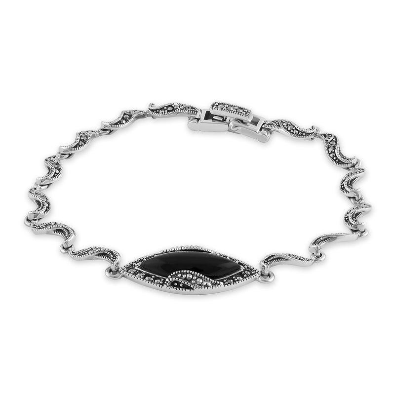 Sterling Silver Marquise Twist Black Onyx Marcasite Bracelet