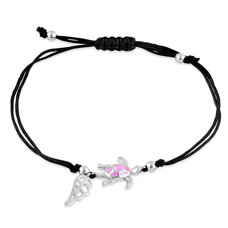 Sterling Silver Winged Pink Lab Opal Turtle Adjustable Silk Bracelet