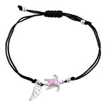 Sterling Silver Winged Pink Lab Opal Turtle Adjustable Silk Bracelet