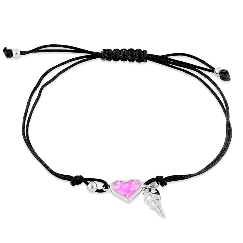 Sterling Silver Winged Pink Lab Opal Heart Adjustable Silk Bracelet