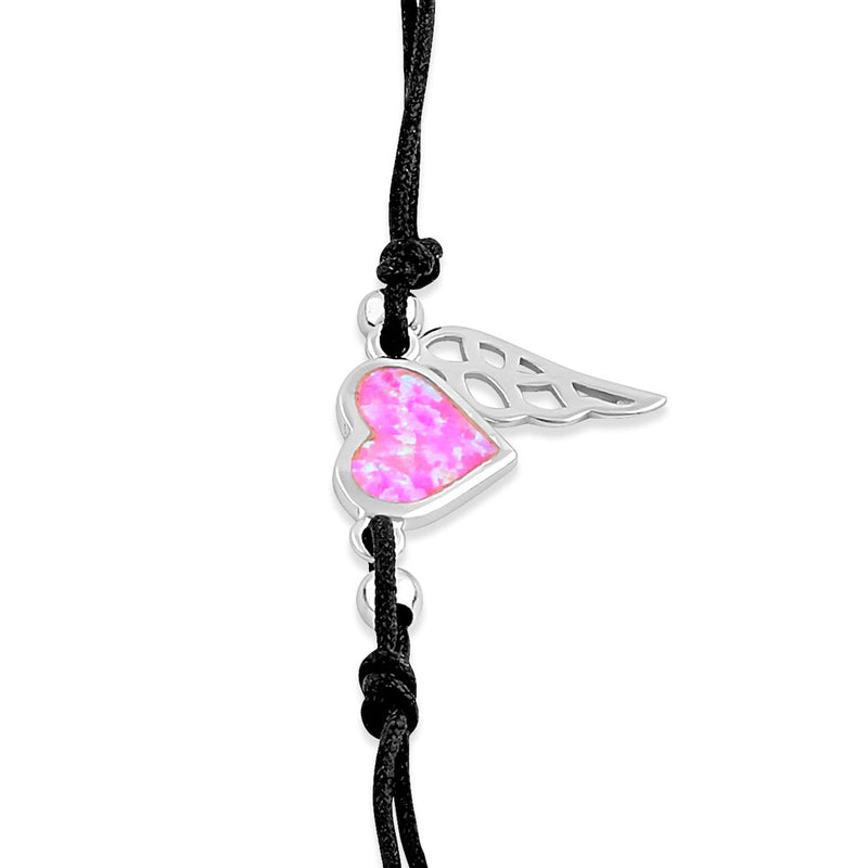 Sterling Silver Winged Pink Lab Opal Heart Adjustable Silk Bracelet