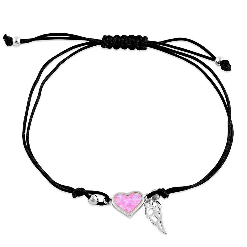 Sterling Silver Winged Pink Lab Opal Heart Adjustable Silk Bracelet