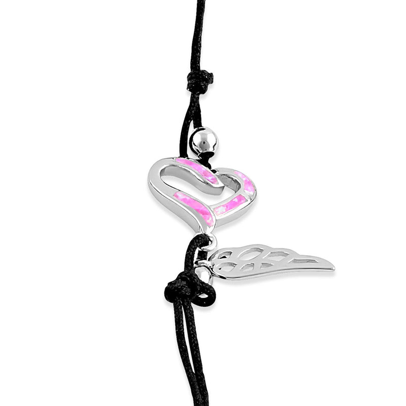 Sterling Silver Winged Pink Lab Opal Open Heart Adjustable Silk Bracelet