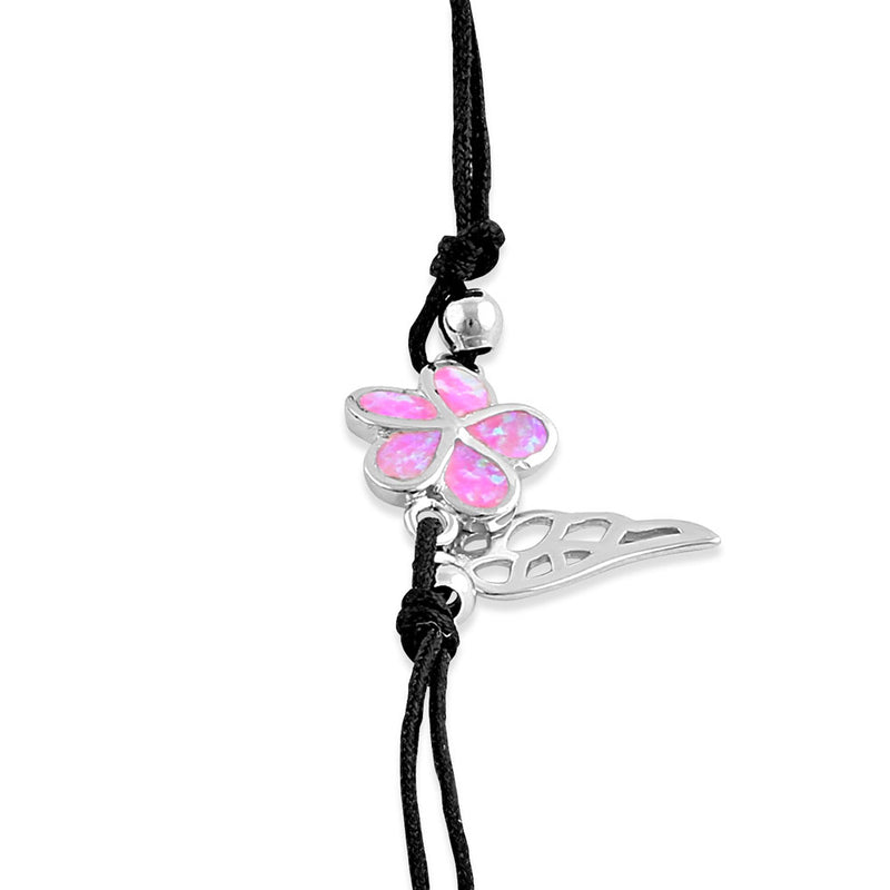 Sterling Silver Winged Pink Lab Opal Plumeria Adjustable Silk Bracelet