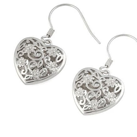 Sterling Silver Flowered Heart Hook Earrings