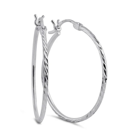 Sterling Silver 1.5MM x 30MM Textured Hoop Earrings