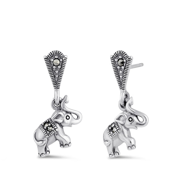 Sterling Silver Elephant Marcasite Dangle Earrings