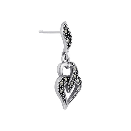 Sterling Silver Double Heart Marcasite Dangle Earrings