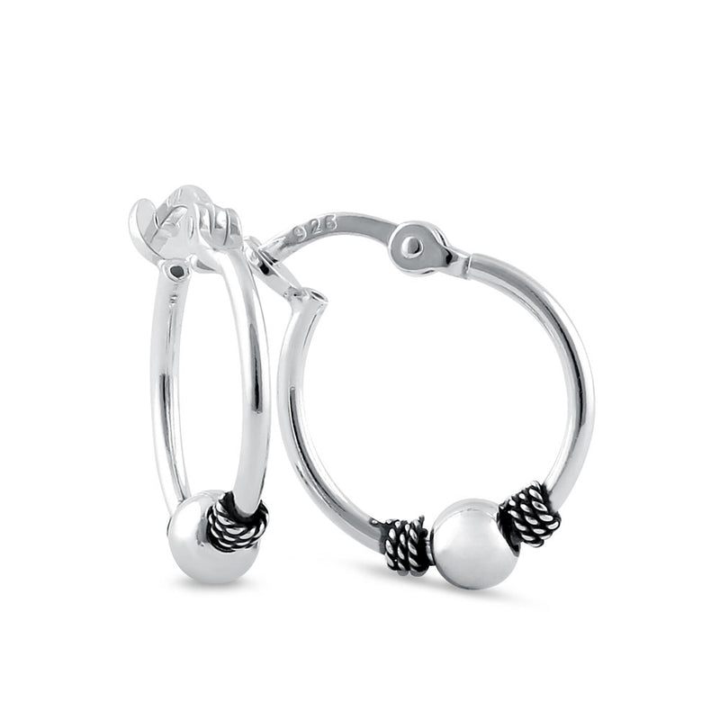 Sterling Silver 1.3mm x 14.0mm Bali Bead and Rope Hoop Earrings