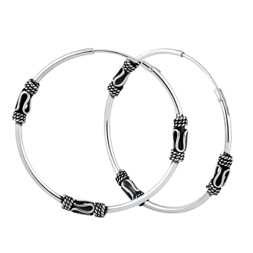 Sterling Silver 1.2mm x 30.0mm Bali Rope and Swirl Hoop Earrings