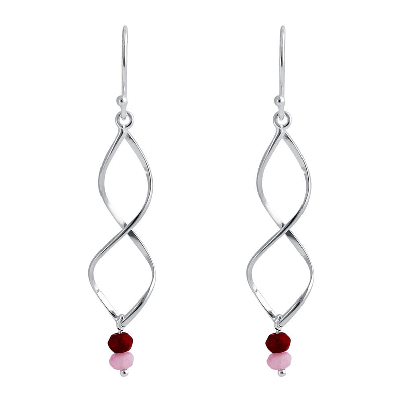 Sterling Silver Double Twist and Pink and Ruby Bead Earrings