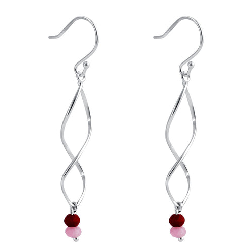 Sterling Silver Double Twist and Pink and Ruby Bead Earrings