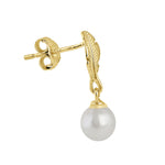 Sterling Silver Yellow Gold Plated Feather with Pearl Dangle Earrings