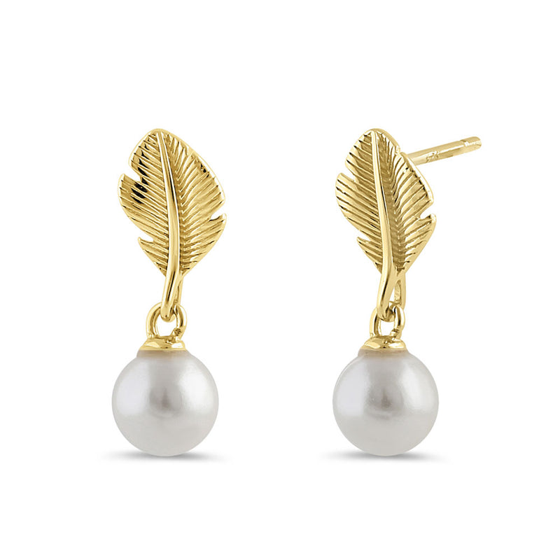 Sterling Silver Yellow Gold Plated Feather with Pearl Dangle Earrings