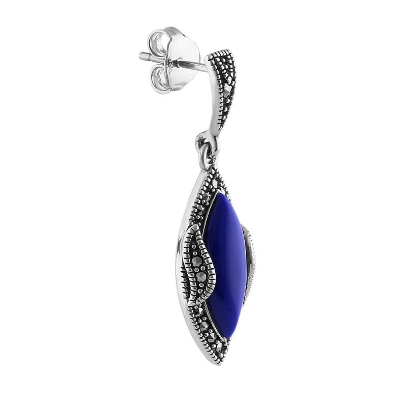 Sterling Silver Blue Lapis Marquise Marcasite Earrings