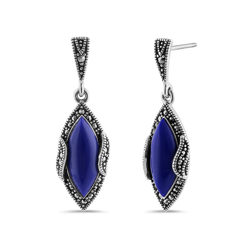 Sterling Silver Blue Lapis Marquise Marcasite Earrings