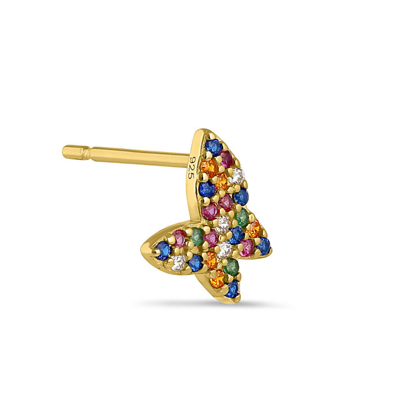 Sterling Silver Yellow Gold Plated Colorful CZ Butterfly Stud Earrings