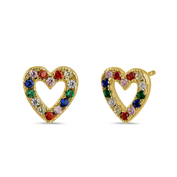Sterling Silver Yellow Gold Plated Colorful CZ Heart Stud Earrings
