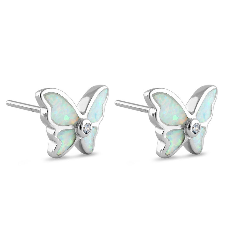 Sterling Silver White Lab Opal Butterfly CZ Earrings