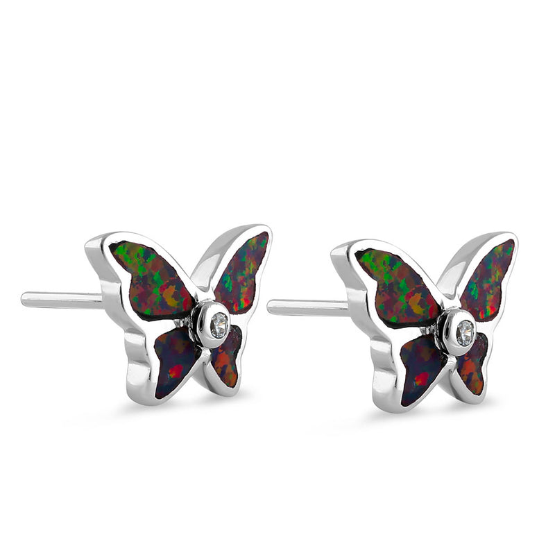 Sterling Silver Black Lab Opal Butterfly CZ Earrings