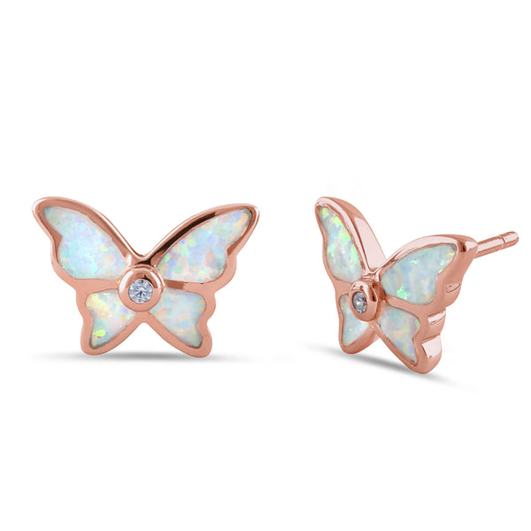 Sterling Silver Rose Gold White Lab Opal Butterfly CZ Earrings