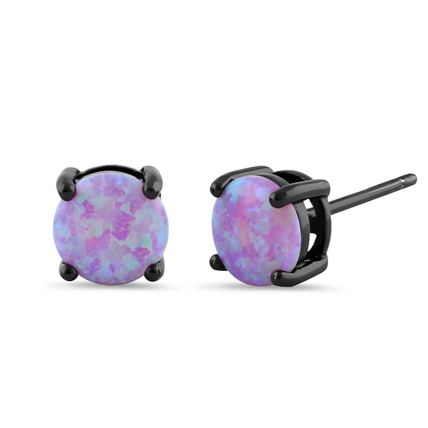 Sterling Silver Black Rhodium Plated Round Pink Lab Opal Oval Earrings